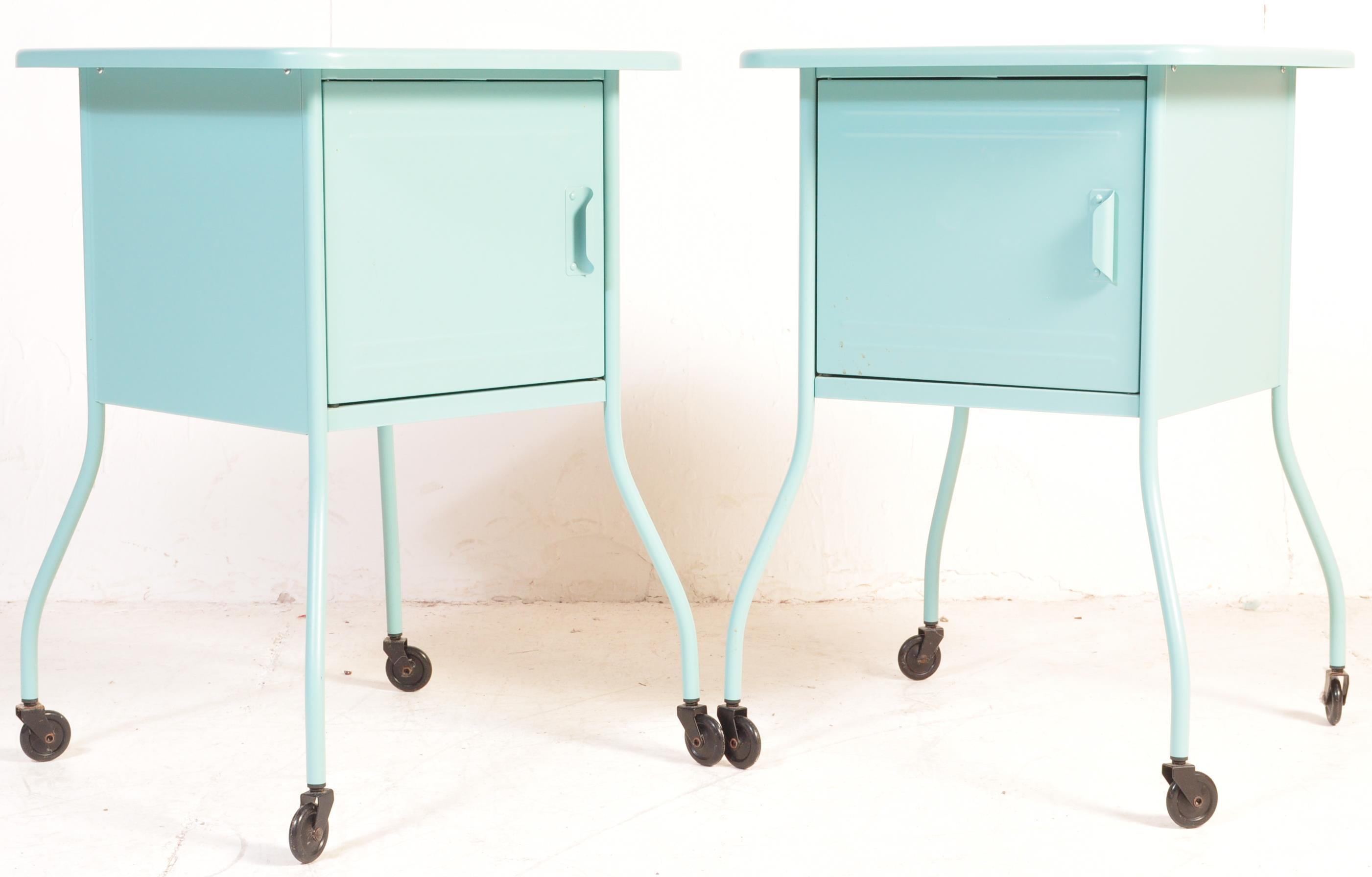 PAIR OF RETRO STYLE PRESSED METAL TIN BEDSIDE TABLES