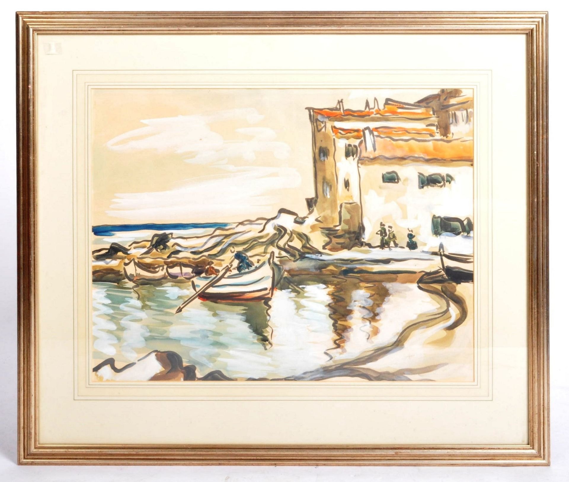 WATERCOLOUR ON PAPER PAINTING DEPICTING A ROWING BOAT PULL UP ON SHORE