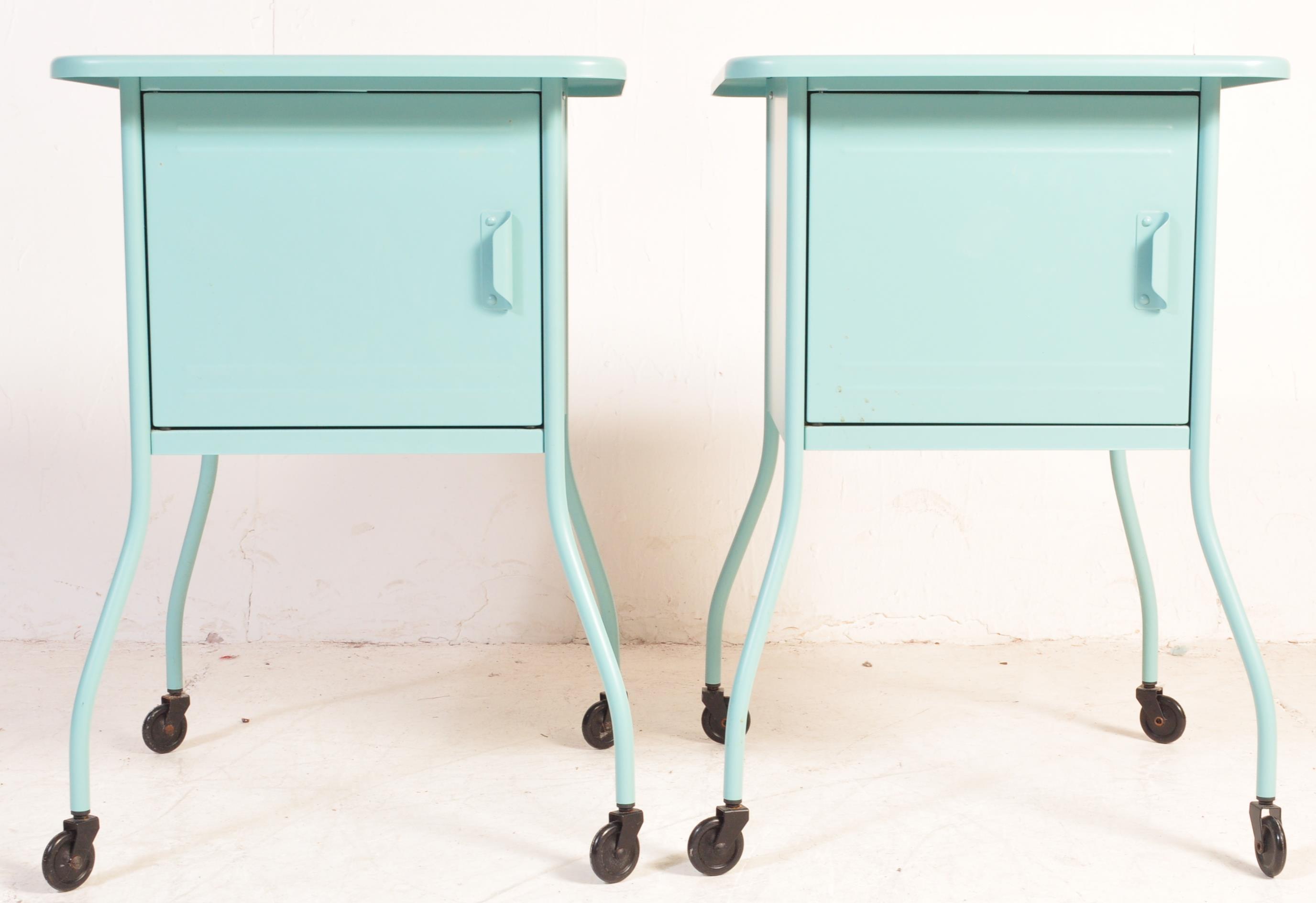 PAIR OF RETRO STYLE PRESSED METAL TIN BEDSIDE TABLES - Image 3 of 4