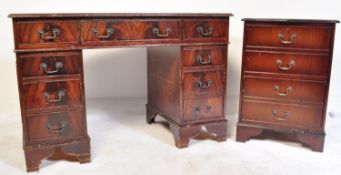 MAHOGANY & LEATHER TWIN PEDESTAL DESK & FILING CABINET