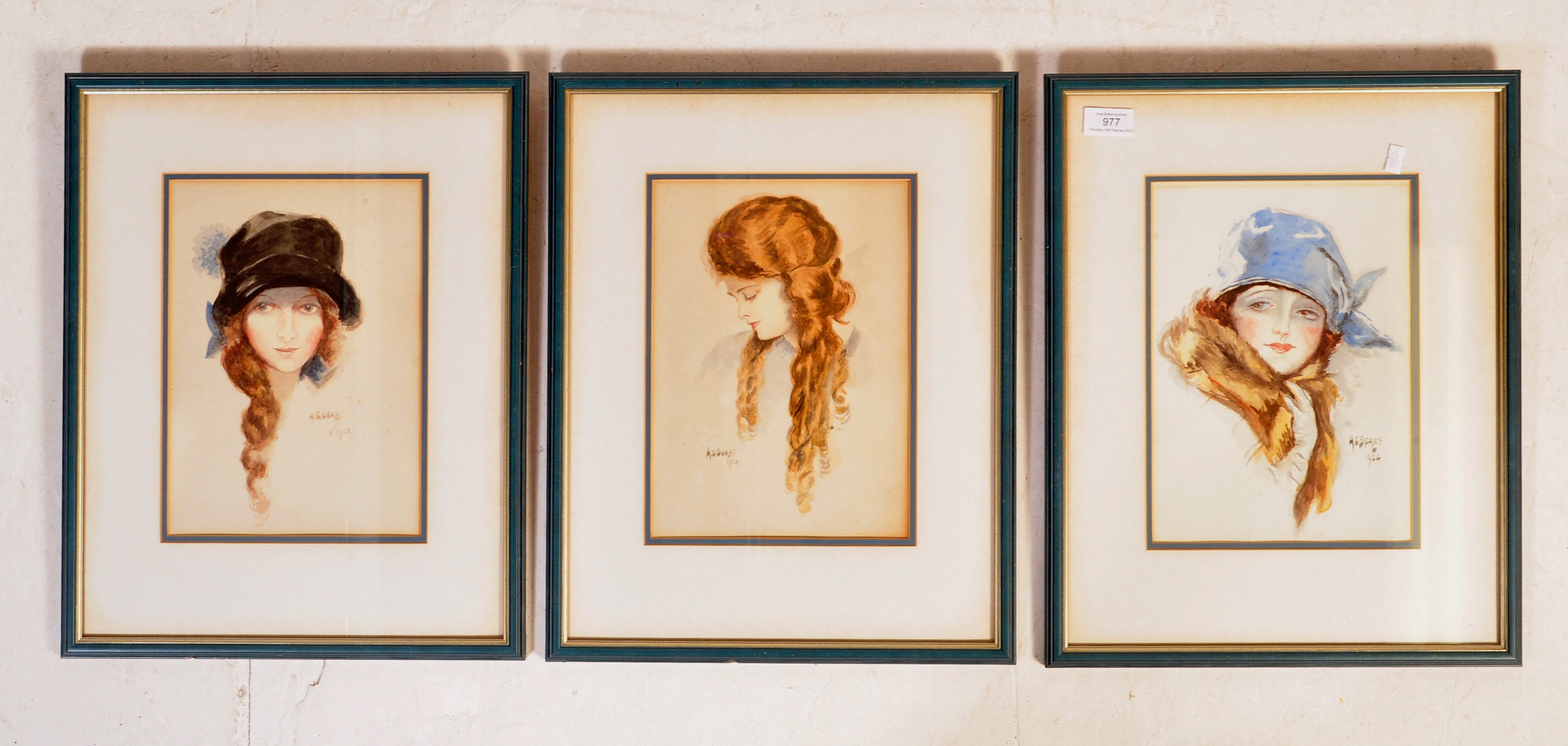 AE BEALES - SERIES OF 3 ART NOUVEAU WATERCOLOUR PAINTINGS