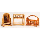 THREE RETRO BAMBOO PIECES - MAG RACK, LAMP TABLE AND SWING MIRROR