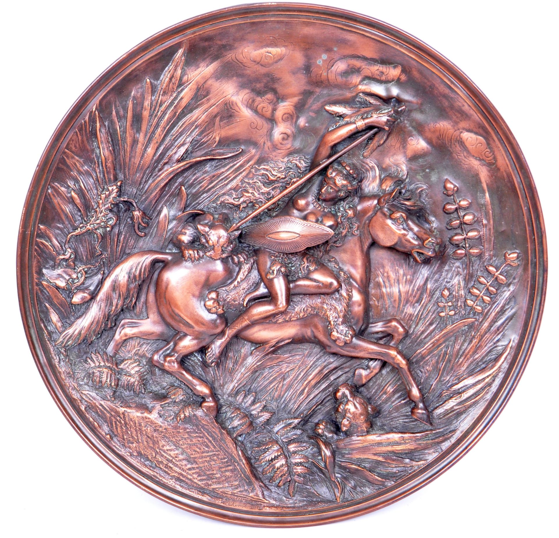 20TH CENTURY BRONZE EMBOSSED WALL PLAQUE OF AN AMAZON ATOP A HORSE