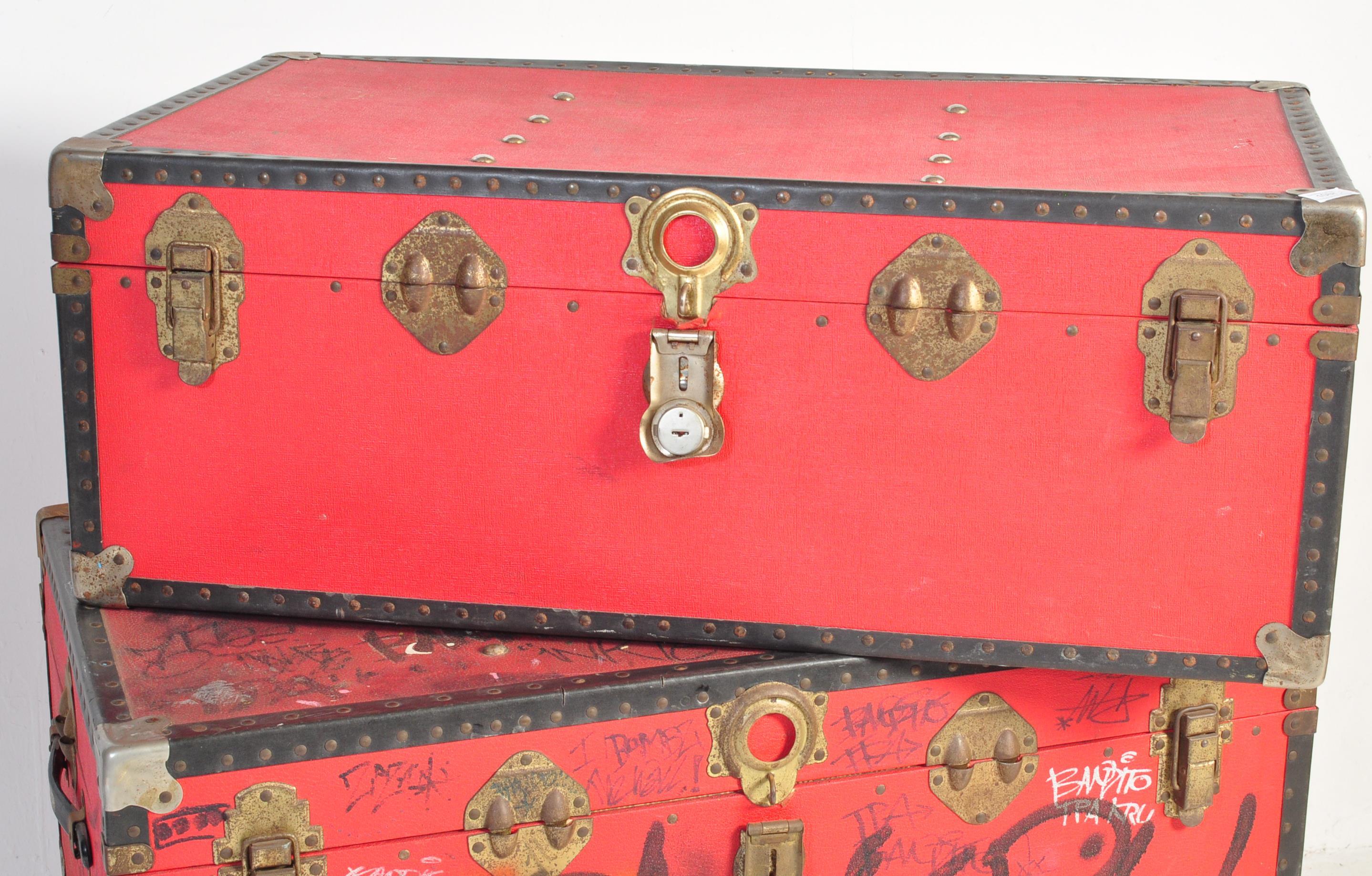 COLLECTION OF 3 20TH CENTURY RED STEAMER SHIPPING TRUNKS - Image 2 of 5