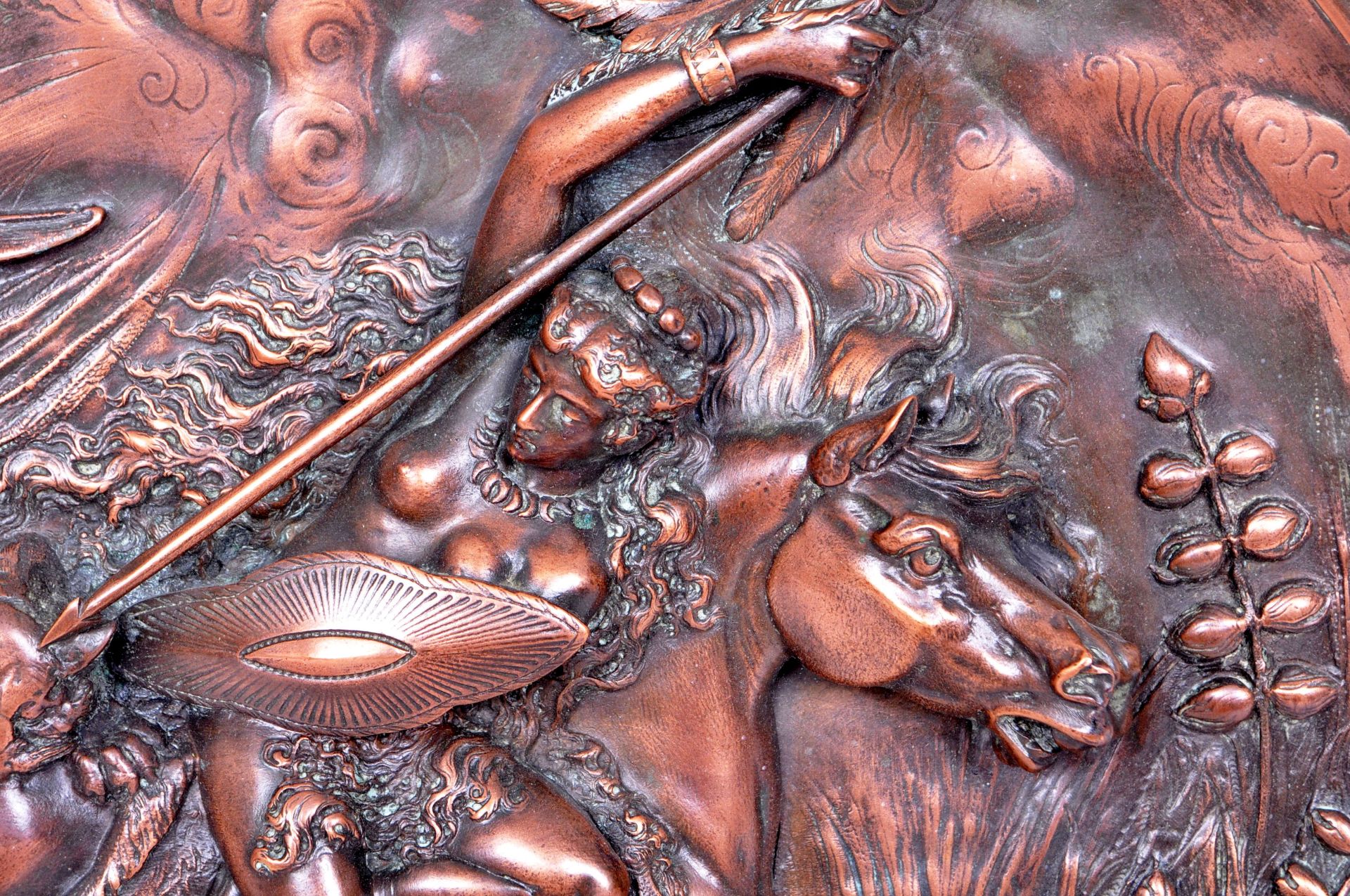 20TH CENTURY BRONZE EMBOSSED WALL PLAQUE OF AN AMAZON ATOP A HORSE - Image 2 of 6