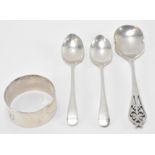 THREE 20TH CENTURY SILVER HALLMARKED SPOONS & NAPKIN RING