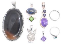 COLLECTION OF SILVER STONE SET PENDANTS AND RINGS