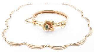 9CT GOLD COLLAR NECKLACE & GREEN STONE BANGLE
