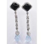 PAIR OF ONYX DIAMOND & AQUAMARINE DROP EARRINGS