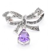 SILVER & MARCASITE BOW BROOCH WITH AMETHYST DROP