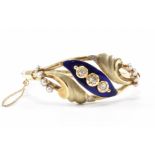 14CT GOLD DIAMOND ENAMEL AND HALF PEARL BANGLE