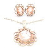 9CT GOLD CAMEO EARRINGS & PENDANT NECKLACE