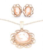 9CT GOLD CAMEO EARRINGS & PENDANT NECKLACE
