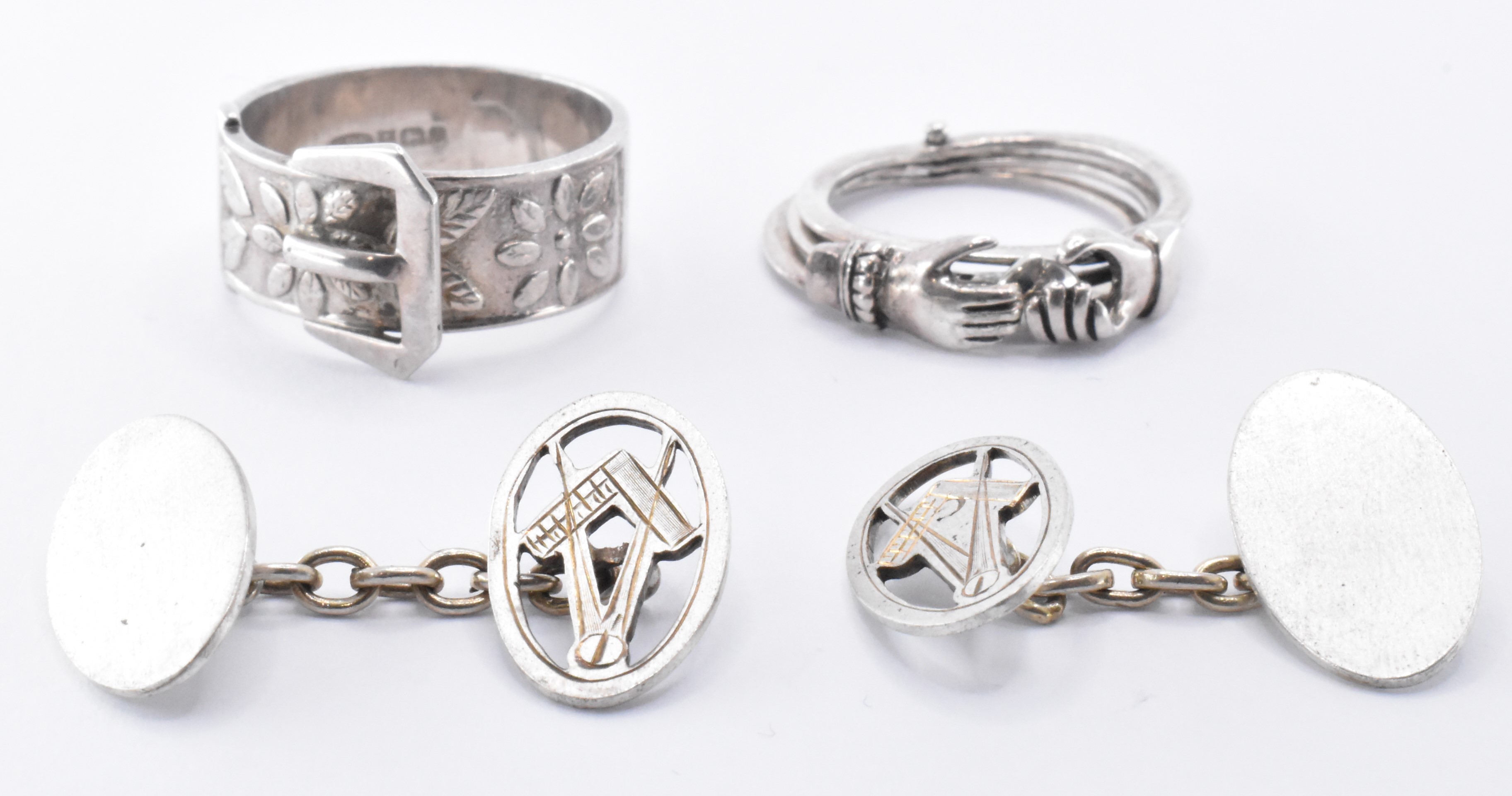 GROUP OF SILVER JEWELLERY INCLUDING MASONIC CUFFLINKS