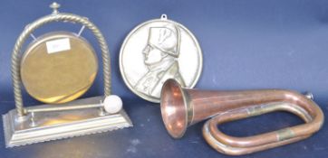 BRASS DESK TOP GONG & STRIKE, PLAQUE AND BUGLE