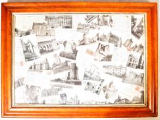 COLLECTION OF EARLY 20TH CENTURY FRENCH POSTCARDS WITHIN A BIRDS EYE MAPLE FRAME