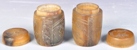 PAIR OF CHINESE CARVED RHINO HORN SNUFF BOXES / POTS