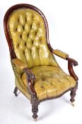 19TH CENTURY VICTORAIN GREEN LEATHER & MAHOGANY ARMCHAIR