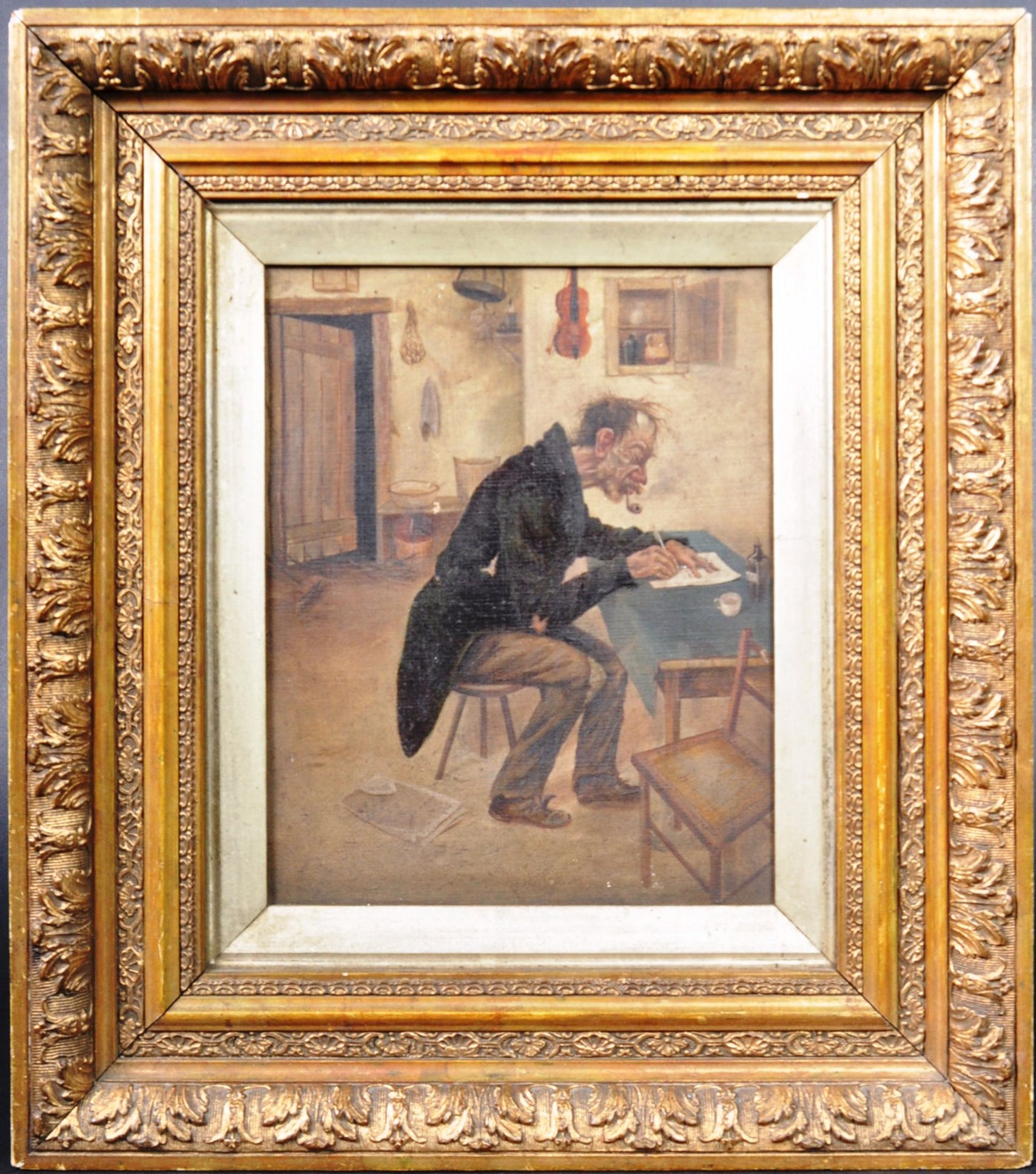 19TH CENTURY OIL ON CANVAS PAINTING OF A PIPE SMOKING MAN