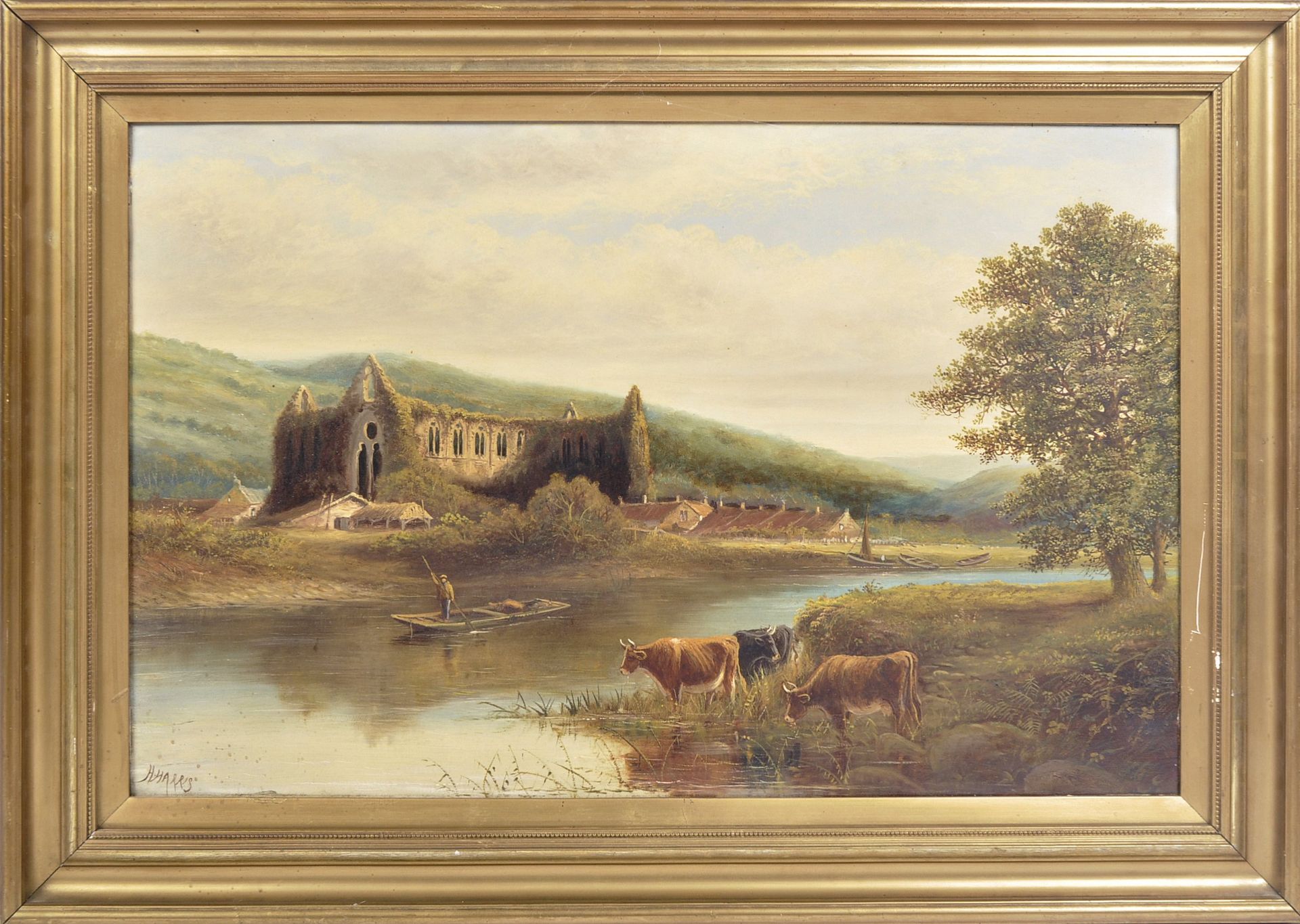 HENRY HARRIS (1852-1926) - OIL OF TINTERN ABBEY WITH CATTLE GRAZING