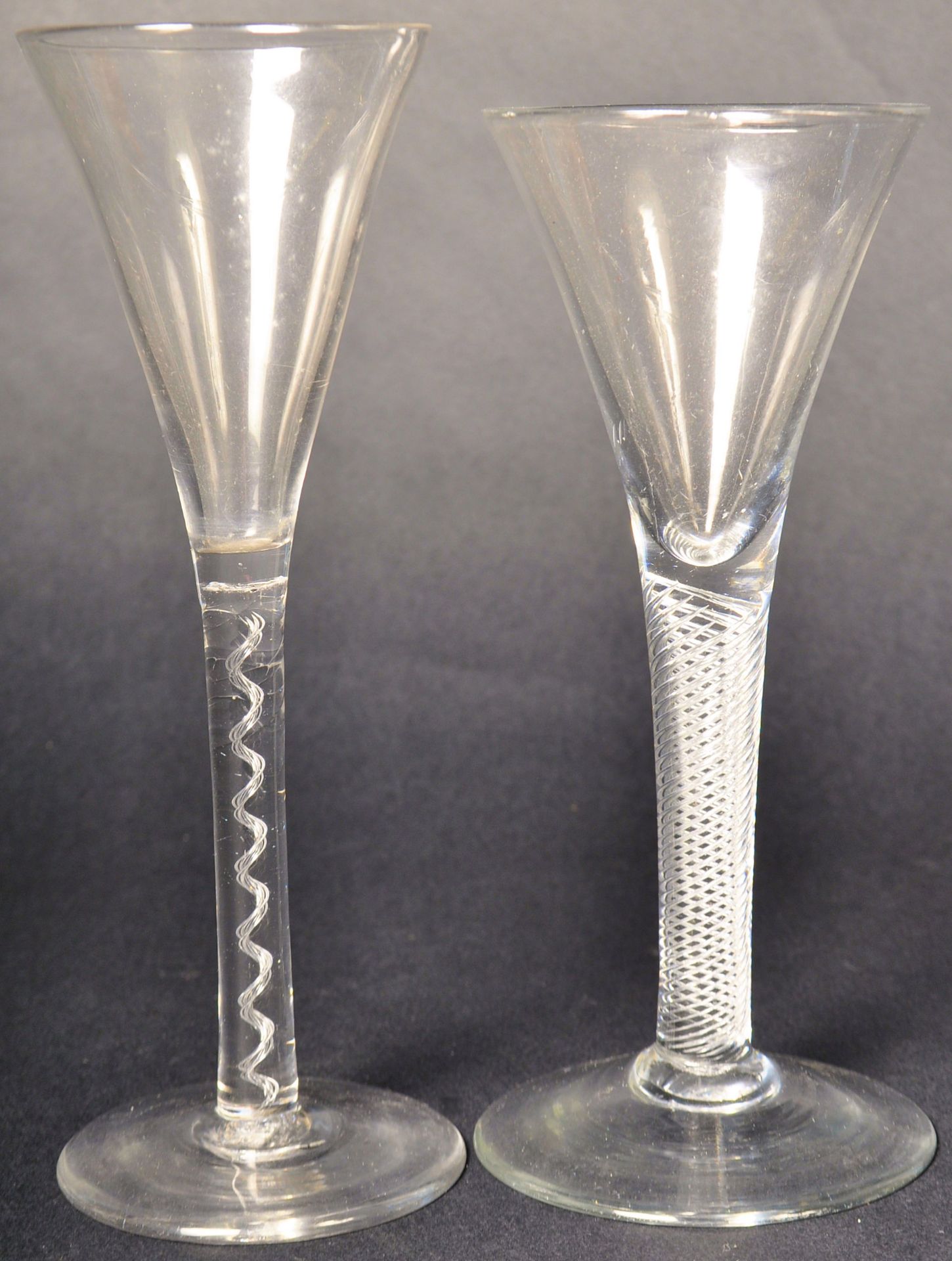 TWO 18TH CENTURY GEORGE III TWIST STEM TRUMPET BOWL WINE GLASSES