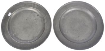PAIR OF LARGE 18TH CENTURY PEWTER CHARGERS BY STEPHEN BRIDGES
