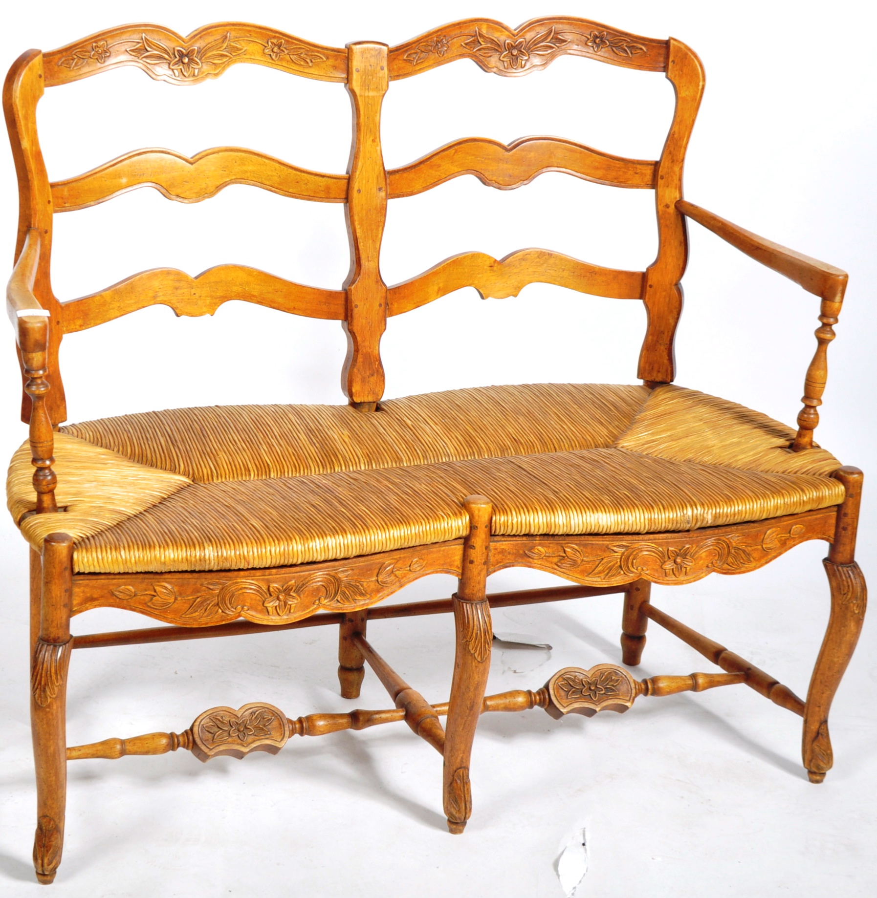 19TH CENTURY CARVED FRUITWOOD RUSH SEATED BENCH - Image 2 of 8