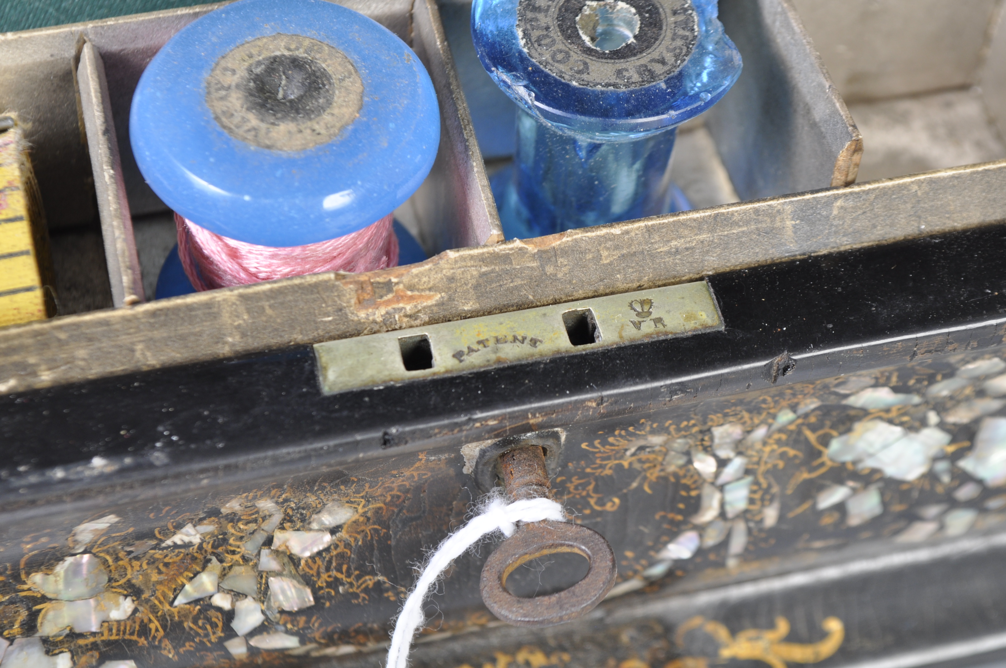 VICTORIAN PAPIER MACHE MOTHER OF PEARL WORKBOX - Image 8 of 9