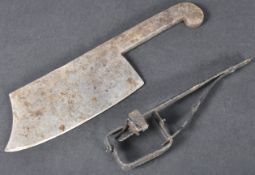 18TH CENTURY APPRENTICE PIECE BLACKSMITH HATCHET AND GAME TRAP