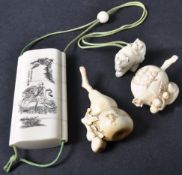 EARLY 20TH CENTURY JAPANESE IVORY INRO, NETSUKE AND TWO SCENT BOTTLES