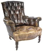 19TH CENTURY VICTORIAN WELL WEATHERED BROWN LEATHER ARMCHAIR