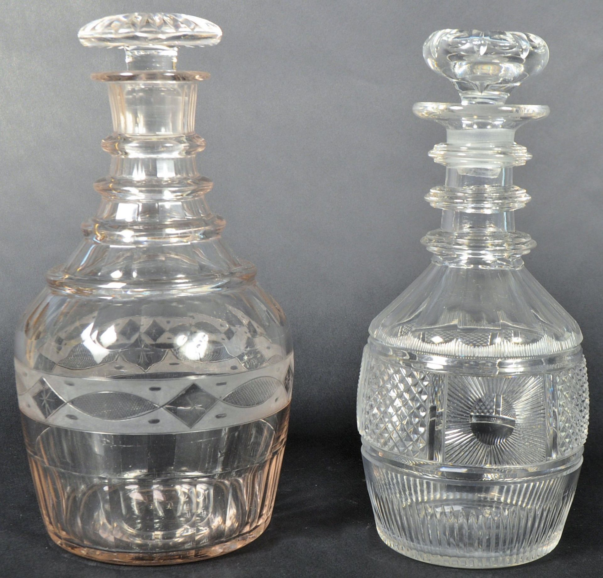 TWO 19TH CENTURY HAND BLOWN PRUSSIAN MANNER DECANTERS