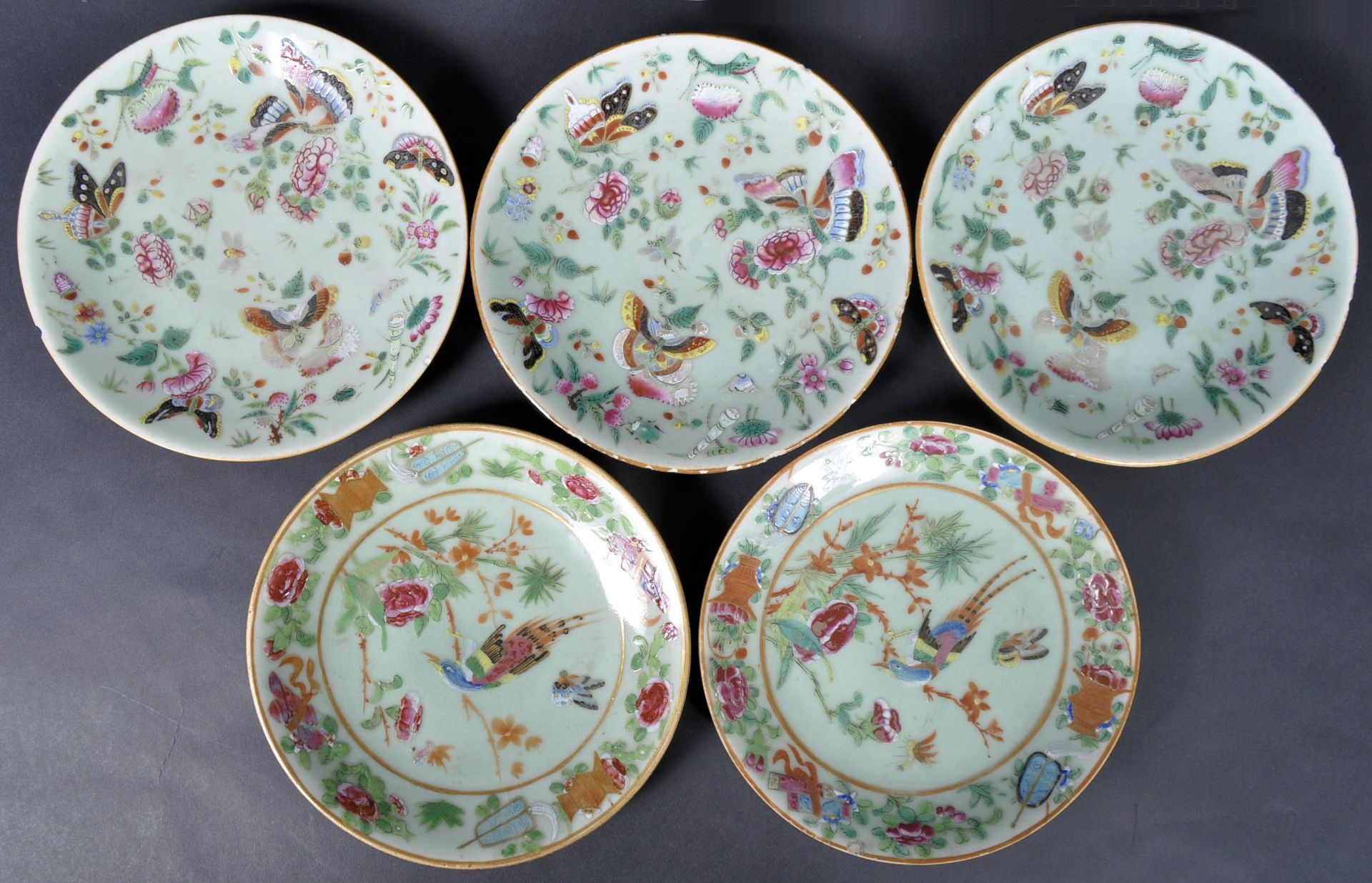 COLLECTION OF FIVE 19TH CENTURY QING DYNASTY CHINESE FAMILLE ROSE PLATES