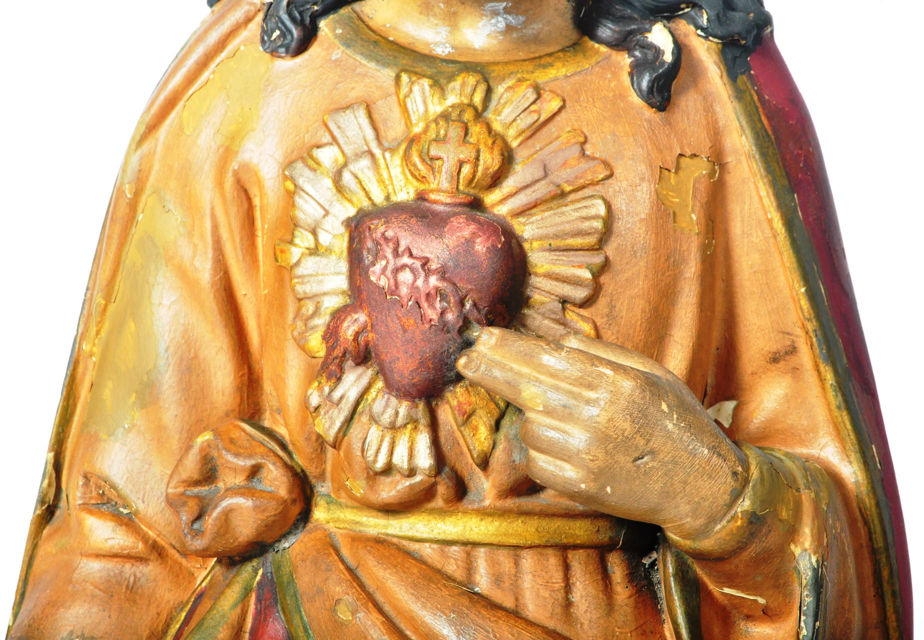 LARGE 19TH CENTURY CARVED SACRED HEART CHRIST STATUE - Image 4 of 10