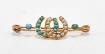 VICTORIAN 15CT GOLD TURQUOISE & SEEDPEARL BROOCH
