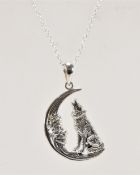 SILVER MOON & WOLF PENDANT NECKLACE