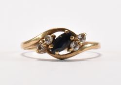 HALLMARKED 9CT GOLD SAPPHIRE & WHITE STONE CROSSOVER RING