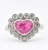 WHITE GOLD RUBY & DIAMOND HEART CLUSTER RING