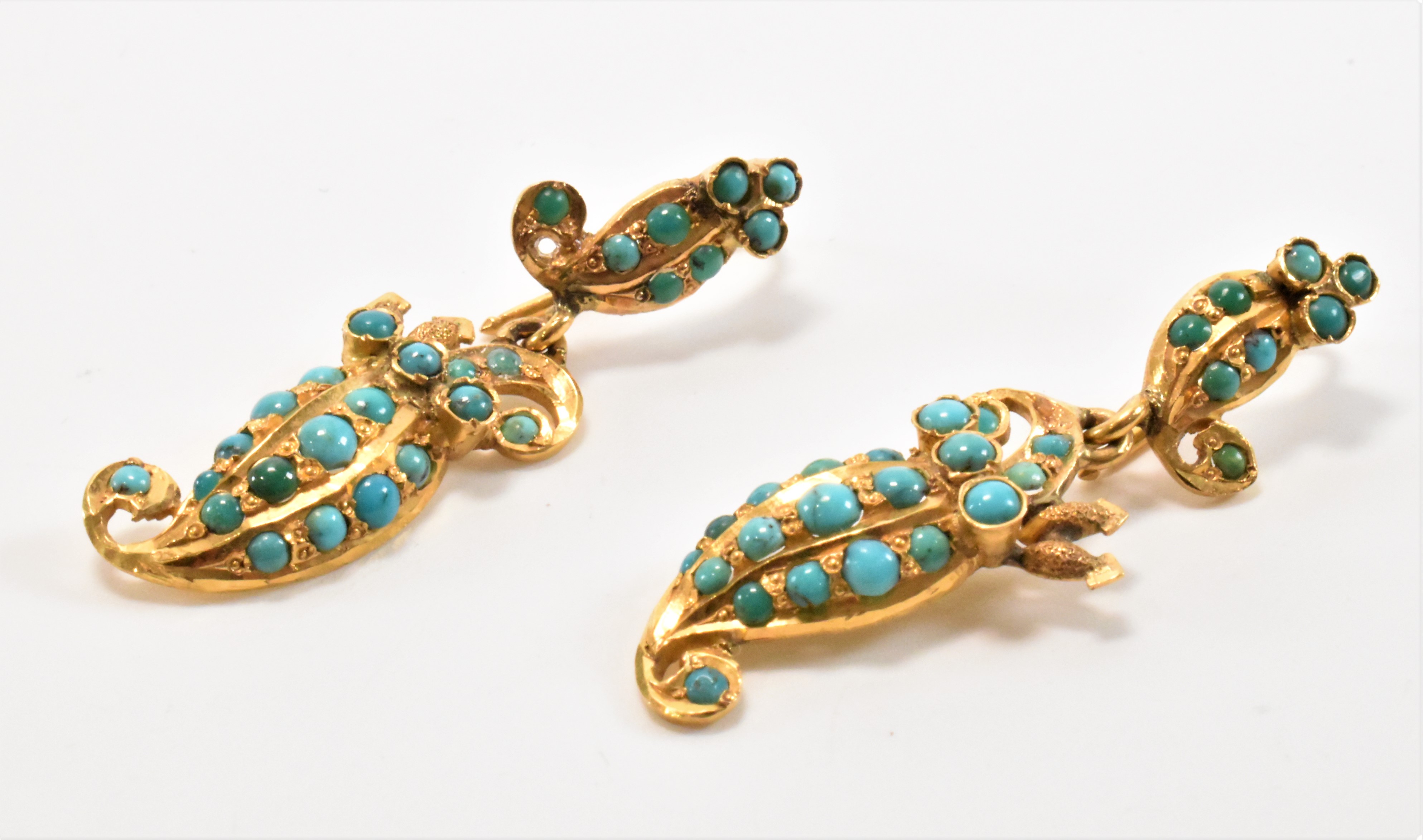 PAIR OF VICTORIAN GOLD & TURQUOISE DROP EARRINGS