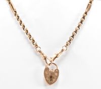 HALLMARKED 9CT GOLD HEART PADLOCK & YELLOW METAL CHAIN