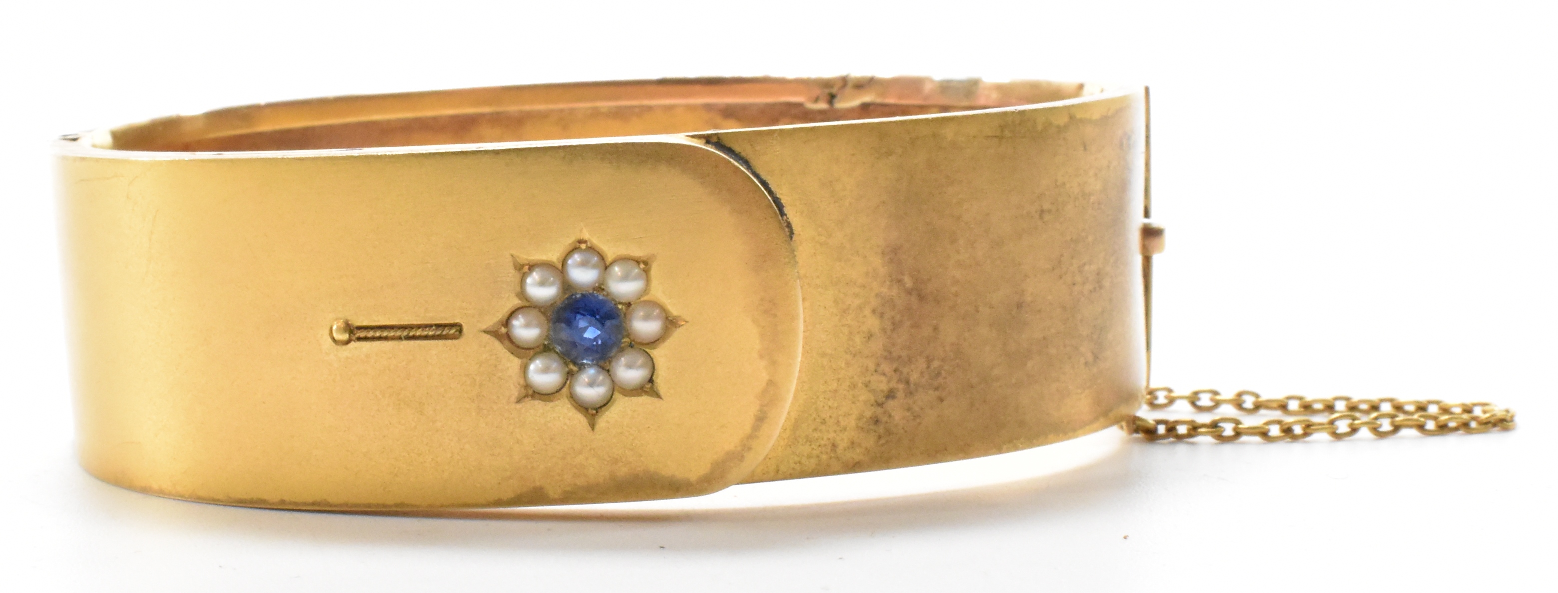 VICTORIAN 15CT GOLD SAPPHIRE & PEARL BANGLE - Image 8 of 13