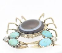 VICTORIAN DIAMOND, AGATE & TURQUOISE CRAB BROOCH