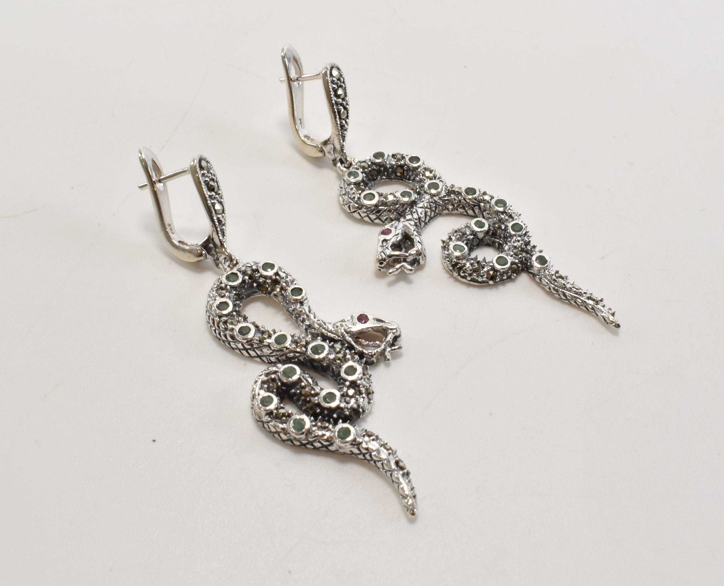 PAIR OF SILVER MARCASITE & COLOURED STONE SERPENT EARRINGS