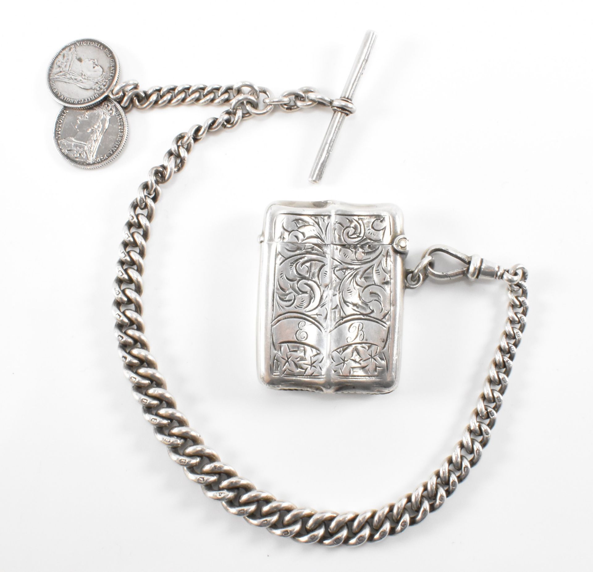 EDWARDIAN SILVER VESTA CASE & SILVER POCKET WATCH CHAIN