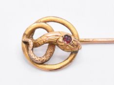 VICTORIAN GOLD & RED STONE SNAKE STICK PIN