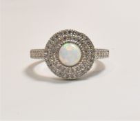 SILVER ART DECO STYLE SYNTHETIC OPAL & CZ TARGET RING