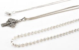 THREE SILVER NECKLACE CHAINS INCLUDING MARCASITE CRUCIFIX PENDANT