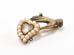 GEORGIAN GOLD & PEARL HAND & HEART BROOCH