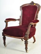 VICTORIAN 19TH CENTURY RED VELVET LIBRARY ARMCHAIR