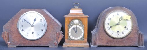 THREE OAK MANTLE CLOCKS TO INCLUDE SMITHS & WELLS & SONS